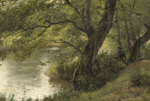 Fishing Near A Woodland Stream Oil Painting by Julius Jacobus Van De Sande Bakhuyzen