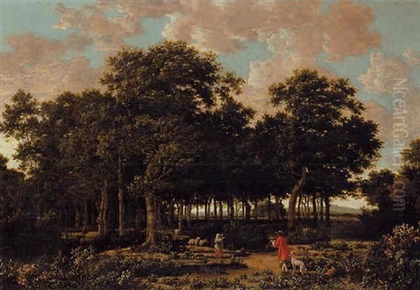 A Wooded Landscape With A Huntsman And A Shepherdess Oil Painting by Joris van der Haagen