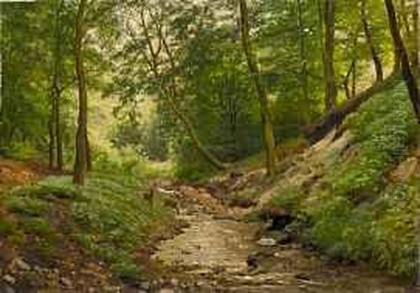 Waldlichtung An Bachlauf Mit Zwei Rehen Oil Painting by Julius Jacobus Van De Sande Bakhuyzen