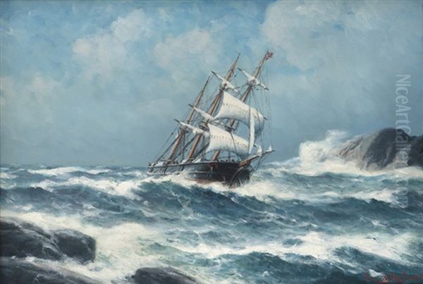 Sailing Ship Between Rocks Oil Painting by Lauritz Haaland