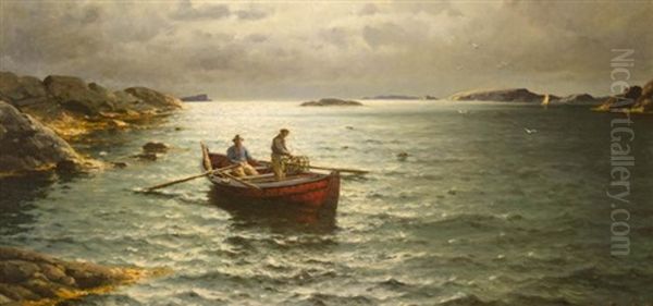 Two Men In A Rowboat With Lobster Trap Oil Painting by Lauritz Haaland