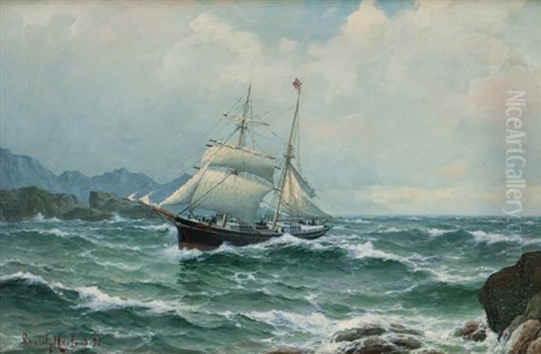 Seilskute I Opprort Sjo Mellom Klipper 1893 Oil Painting by Lauritz Haaland