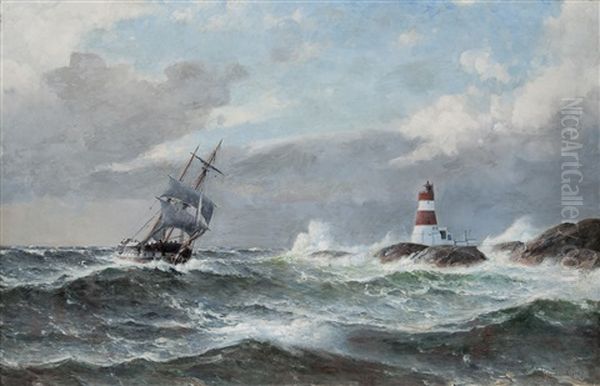 Seilskute Ved Lille Praesteskjaer Fyr Oil Painting by Lauritz Haaland