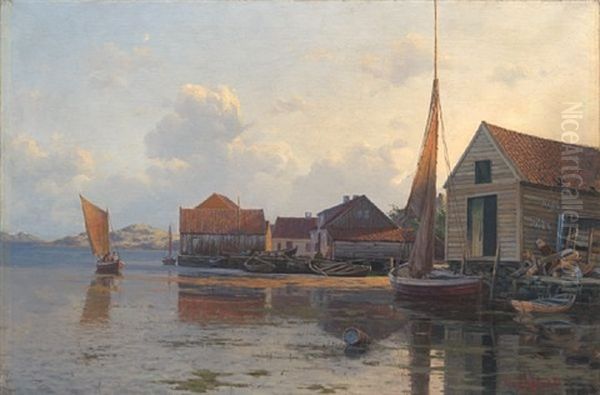 Fiskevaer Pa Kvitsoy Oil Painting by Lauritz Haaland