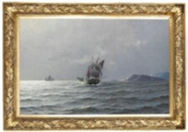 Seascape With Norwegian Fishing Boats Off The Coast by Lauritz Haaland