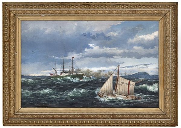 The Pilot Boat Hvidingso No 5 Escorts A Steamer 1881 Oil Painting by Lauritz Haaland