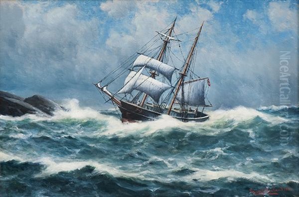 Sailing Ship By The Coast Oil Painting by Lauritz Haaland