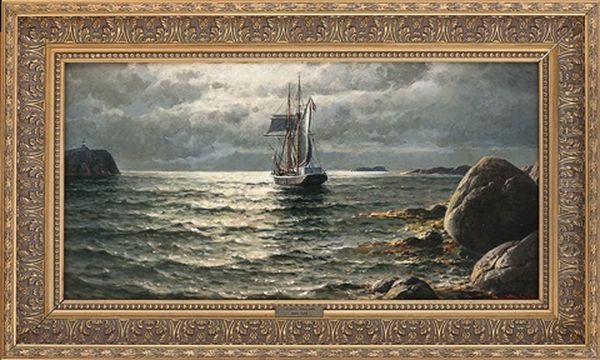 Sailing Ship By The Coast Oil Painting by Lauritz Haaland