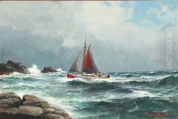 Coastal Landscape With Fishing Boat And Rocks Oil Painting by Lauritz Haaland