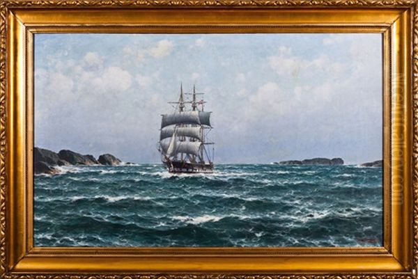 Seilskute Ved Klippekyst Oil Painting by Lauritz Haaland