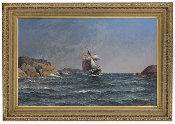 Seilskute Ved Klippekyst Oil Painting by Lauritz Haaland