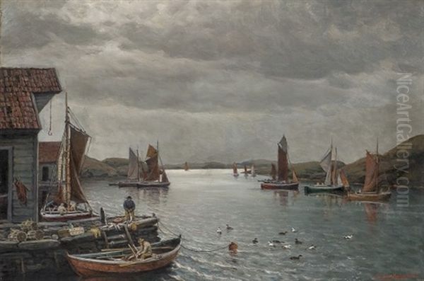 Fiskehavn Oil Painting by Lauritz Haaland