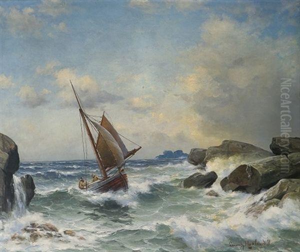 Sailing Boat In A Narrow Strait Oil Painting by Lauritz Haaland