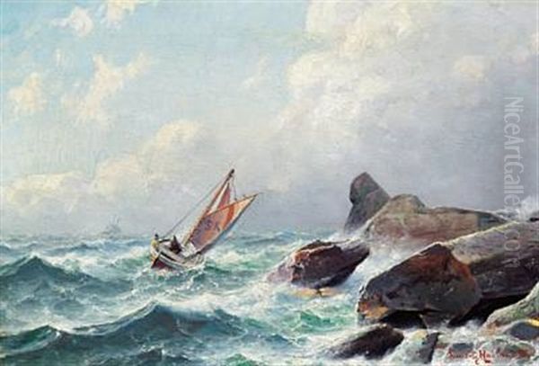 A Seascape Off A Rocky Coast Oil Painting by Lauritz Haaland