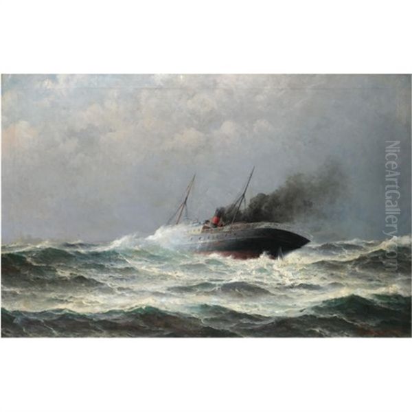 Steamship In Heavy Seas Oil Painting by Lauritz Haaland