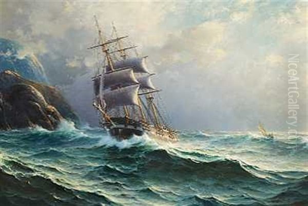 Marine Med Sejlskibet "victoria" Ud For Den Norske Kyst Oil Painting by Lauritz Haaland