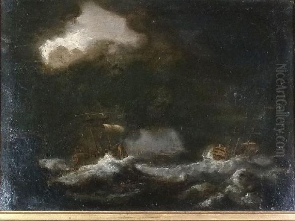 Two Galleons At Sea In A Violent Storm Oil Painting by Ludolf Bakhuyzen