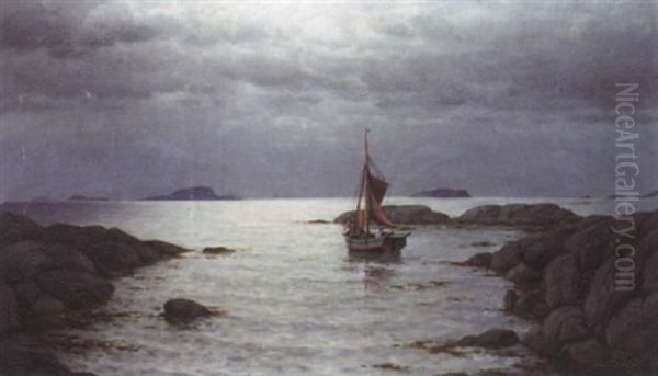 Seilskute I Aftenlys Oil Painting by Lauritz Haaland