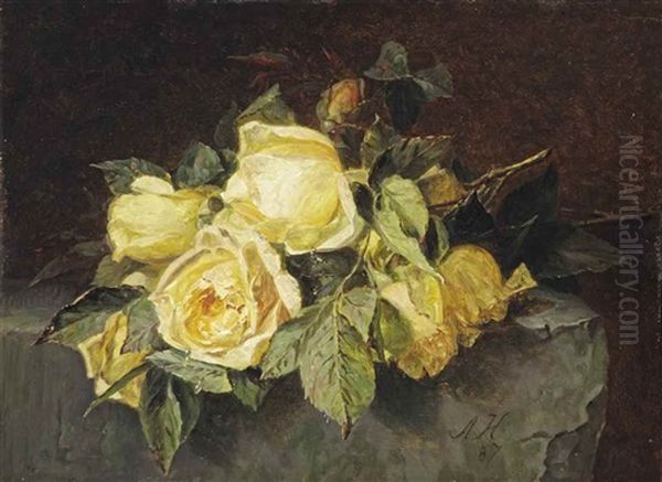 Yellow Roses On A Stone Slate Oil Painting by Adriana Johanna Haanen