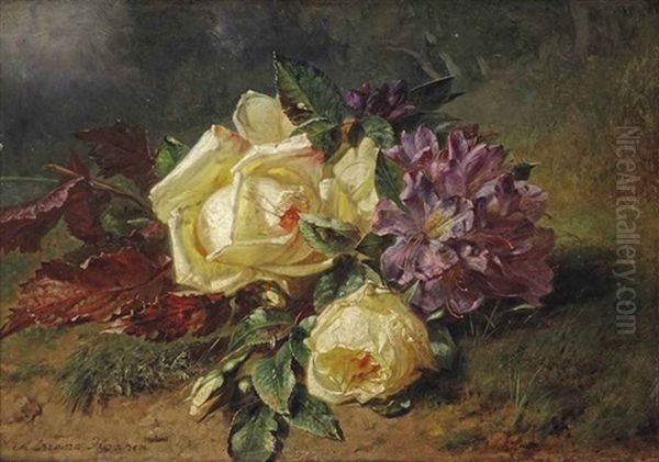 Yellow Roses And Rhododendrons On A Forest Floor Oil Painting by Adriana Johanna Haanen