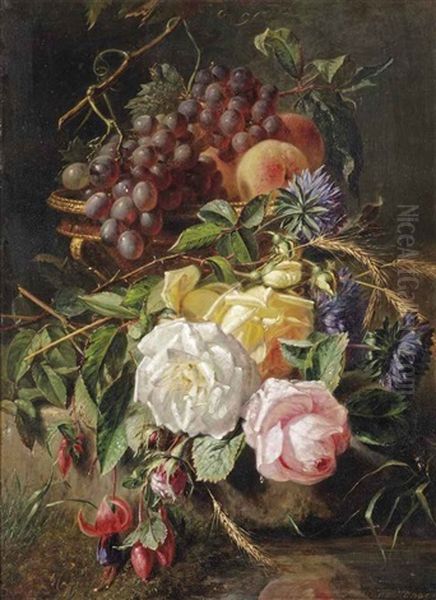 Roses, Wild Cornflowers, Several Other Flowers, Grapes And Peaches In A Vase On A Stone Ledge Oil Painting by Adriana Johanna Haanen