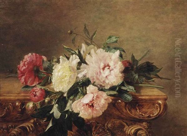 Red, White And Pink Peonies On A Decorated Marble Ledge Oil Painting by Adriana Johanna Haanen