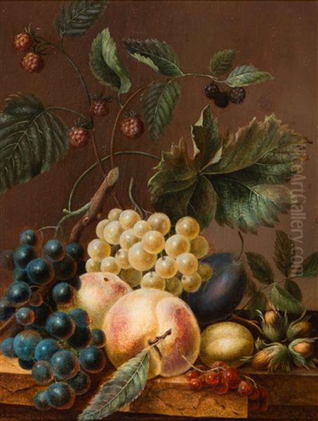 Still Life Of Fruit And Nuts On A Plinth Oil Painting by Adriana Johanna Haanen