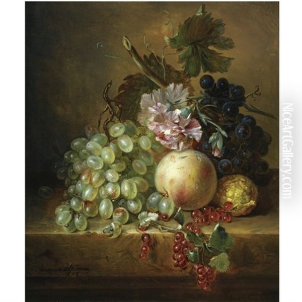 A Still Life With Grapes, A Peach, Berries And Flowers Oil Painting by Adriana Johanna Haanen