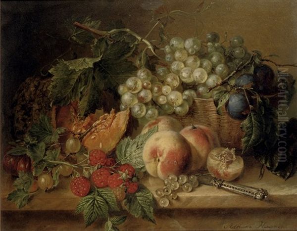 Grapes, Plums, Peaches, Raspberries, Gooseberries And A Pumpkin On A Marble Ledge Oil Painting by Adriana Johanna Haanen