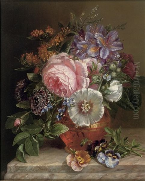 Bouquet Of Summer Flowers On A Marble Edge Oil Painting by Adriana Johanna Haanen