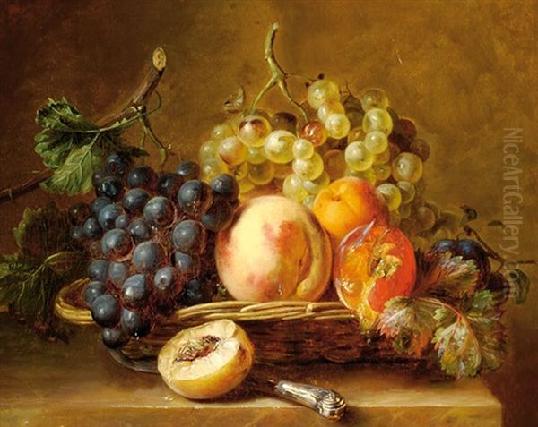 Still Life With Fruit In A Basket And A Knife On A Ledge Oil Painting by Adriana Johanna Haanen