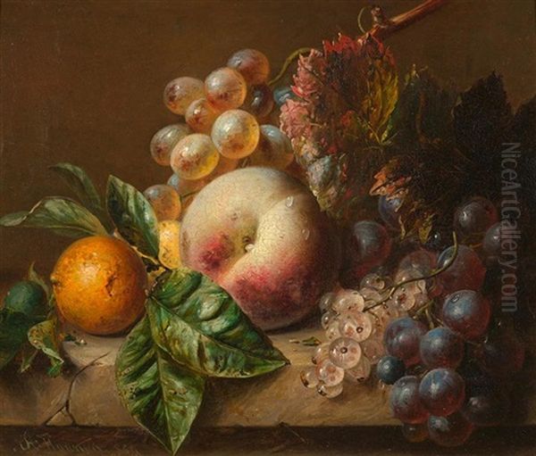 Fruchtestilleben Mit Pfirsich, Trauben, Weissen Johannisbeeren Und Einer Orange Oil Painting by Adriana Johanna Haanen