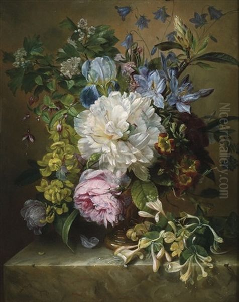 Summer Flowers On A Marble Ledge Oil Painting by Adriana Johanna Haanen