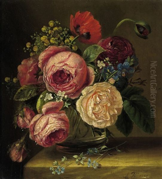 Rosen, Mohnblume Und Vergismeinnicht In Glasvase Oil Painting by Adriana Johanna Haanen