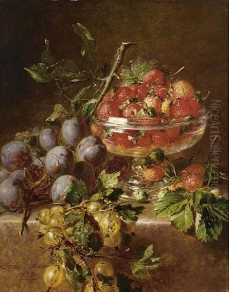 A Still Life With Prunes, Gooseberries And Strawberries In A Bowl Oil Painting by Adriana Johanna Haanen