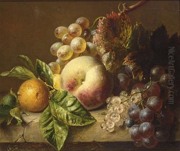 A Still Life With Grapes, A Peach, Gooseberries And An Orange Oil Painting by Adriana Johanna Haanen