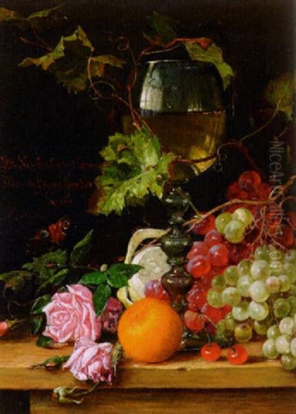 Weintrauben, Weinlaub, Rosen, Orangen Und Gefullter Weinpokal Auf Einer Steinplatte Oil Painting by Adriana Johanna Haanen