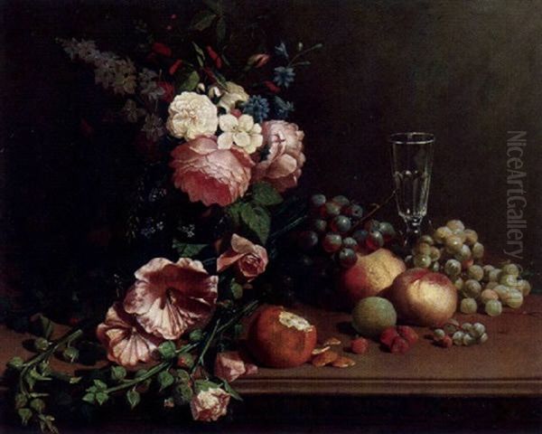 Stilleben Mit Obst Und Blumenstraus Auf Einem Tisch Oil Painting by Adriana Johanna Haanen