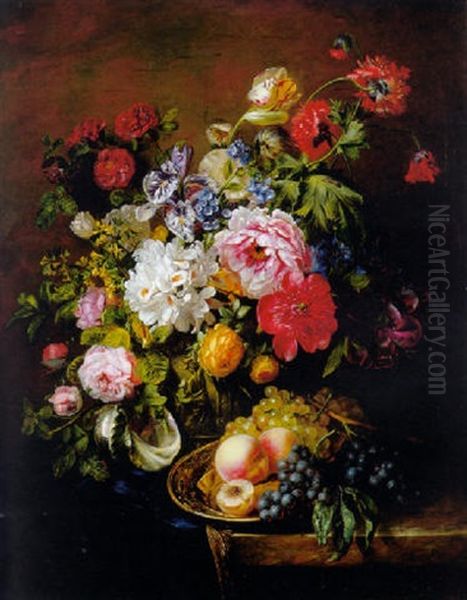 Roses, Peonies, Poppies And Other Flowers In A Terracotta Pot With Peaches And Grapes On A Copper Ewer On A Draped Marble Ledge Oil Painting by Adriana Johanna Haanen