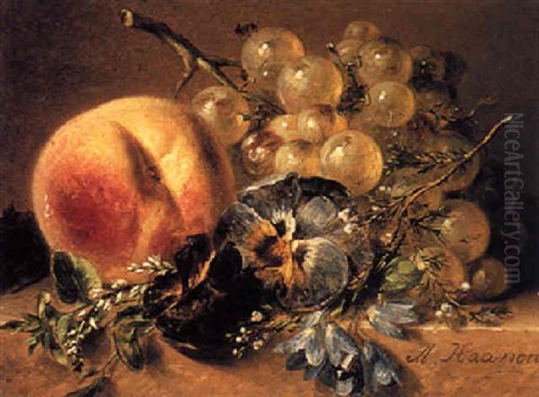 A Still Life With A Peach, Grapes And Violets Oil Painting by Adriana Johanna Haanen