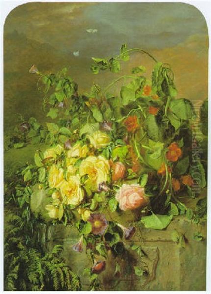 Groses Blumenstuck Mit Rosen Und Wicken Oil Painting by Adriana Johanna Haanen