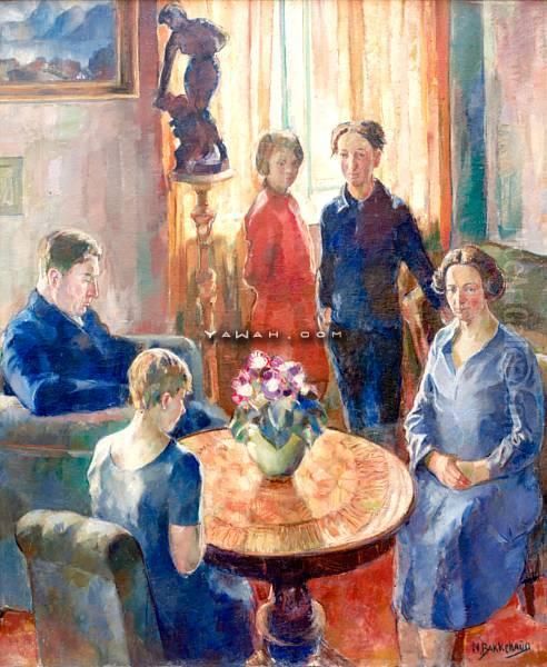 Familieportrett I Interior Olje Pa Lerret Oil Painting by Normann Bakkehaug