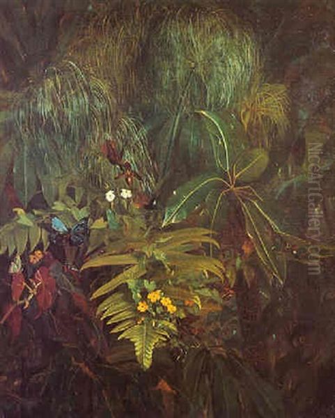 Hummingbirds And Butterflies In A Tropical Vegetation Oil Painting by Adriana Johanna Haanen