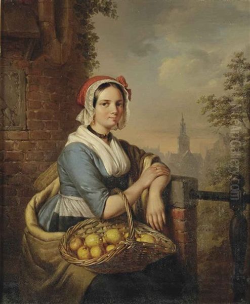 A Woman Carrying A Basket Of Fruit Oil Painting by Elisabeth Alida van Haanen