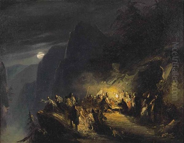 Figures In A Mountainous Landscape At Night, Possibly 'johannesfeuer' Oil Painting by George Gillis van Haanen