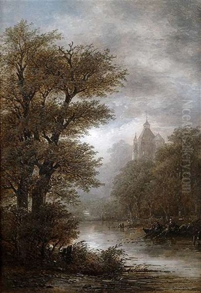 Romantische Flusslandschaft Mit Burgen Bei Mondschein (+ Another; Pair) Oil Painting by George Gillis van Haanen