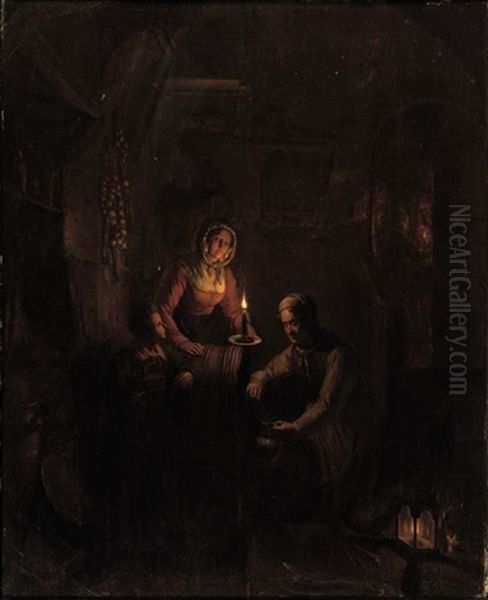 A Family By Candlelight Oil Painting by George Gillis van Haanen