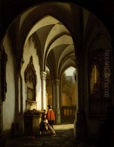 Two Figures And A Dog Near A Mausoleum In A Church In A Portal Oil Painting by George Gillis van Haanen