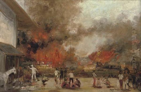 Fire Near S.c.s. Station, Cheribon Oil Painting by Frans Bakker