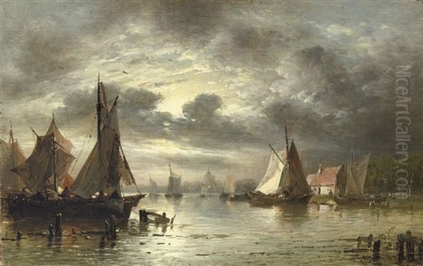 Shipping At Nightfall Oil Painting by George Gillis van Haanen